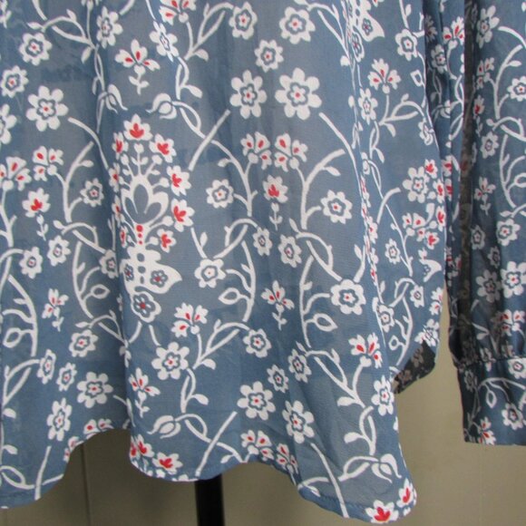 Ann Taylor Loft Sheer Blouse XS Ruffle Floral Blue Red White Long Sleeve - Picture 6 of 11